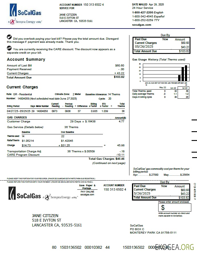 USA So Cal Gas utility bill template in Word and PDF formats, version 3